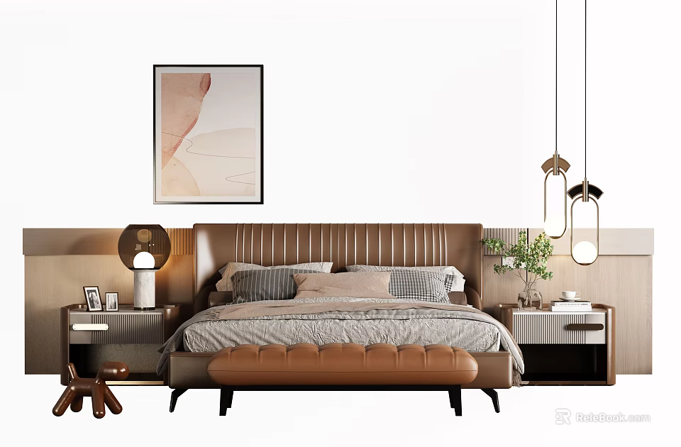 Modern Double Bed With Leather Headboard Gray Beige Pillows Brown Bench And Hanging Pendant Lights 3d model 
