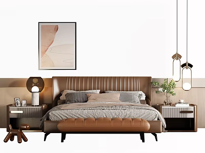 Modern Double Bed With Leather Headboard Gray Beige Pillows Brown Bench And Hanging Pendant Lights 3d model