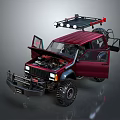 Red Modified Off-Road Vehicle With Open Doors Hood Roof Rack And Large Tires