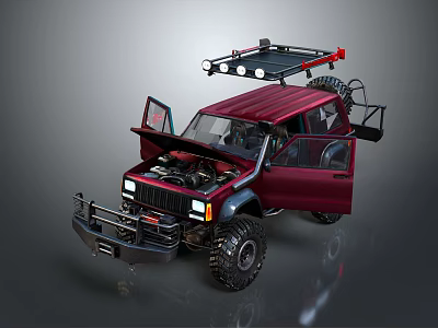 Red Modified Off-Road Vehicle With Open Doors Hood Roof Rack And Large Tires 3d model