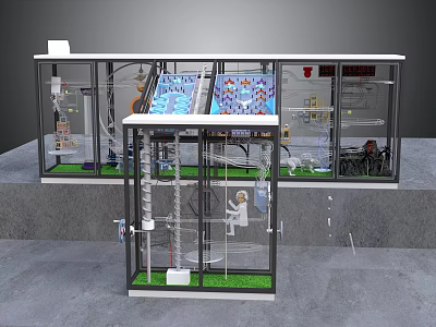 Science Exhibition Display Unit With Glass Enclosure Control Panels Lab Equipment And Figurine 3d model