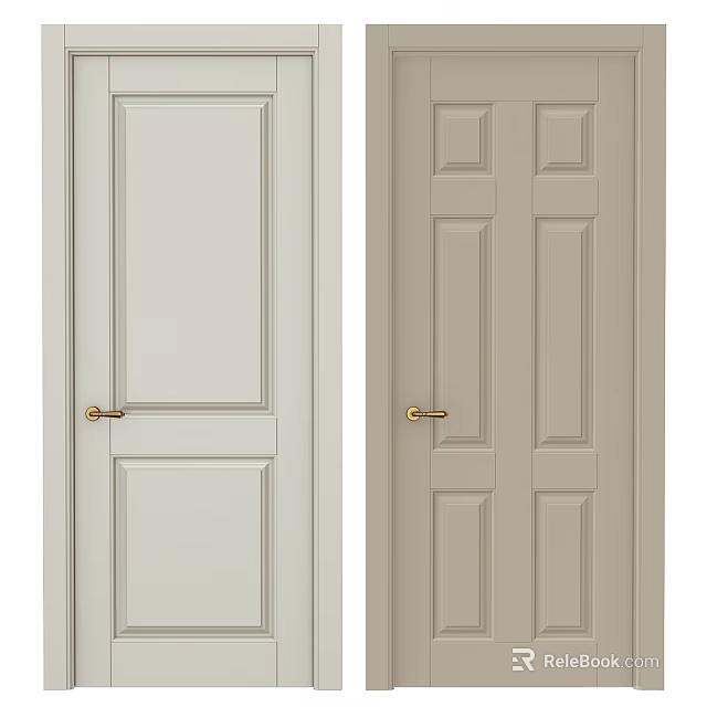 Light Gray And Beige Hinged Doors With Panel Designs And Brass Handles 3d model 