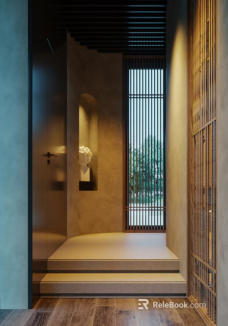 Modern Luxury Front Desk Reception Area With Arched Niche Sculpture Wooden Grille And Natural Light 3d model 