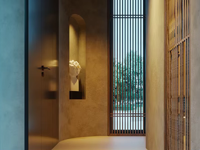 Modern Luxury Front Desk Reception Area With Arched Niche Sculpture Wooden Grille And Natural Light 3d model