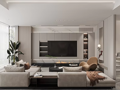 Modern Living And Dining Room Interior With Sofa TV Wall Coffee Table And Plants 3d model