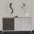 Modern Entryway Side Cabinet Interior With Ribbed Doors Drawers And Decorative Vase Plant Sculpture
