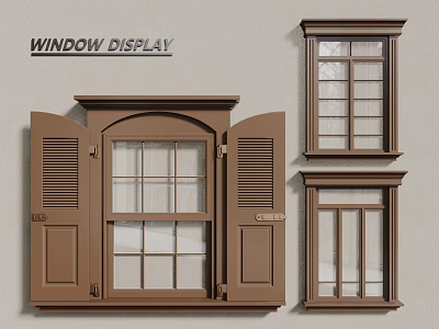 Classic Brown Casement Window Display Featuring Arched Top And Shutter Details 3d model