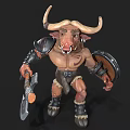 Fantasy Bull Warrior Character With Horns Armor Axe Shield And Muscular Build