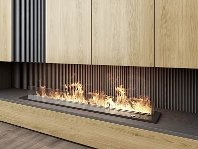 Modern Fireplace Interior Design With Wooden Cabinets Vertical Striped Wall And Flames 3d model