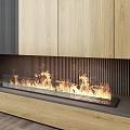 Modern Fireplace Interior Design With Wooden Cabinets Vertical Striped Wall And Flames