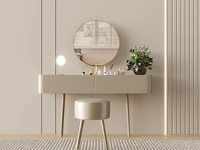 Modern Beige Dressing Table With Round Mirror Table Lamp Stool And Potted Plant 3d model