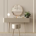 Modern Beige Dressing Table With Round Mirror Table Lamp Stool And Potted Plant 3d model