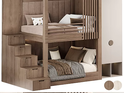 Modern Wooden Bunk Bed With Stairs Drawers Upholstered Headboard 3d model