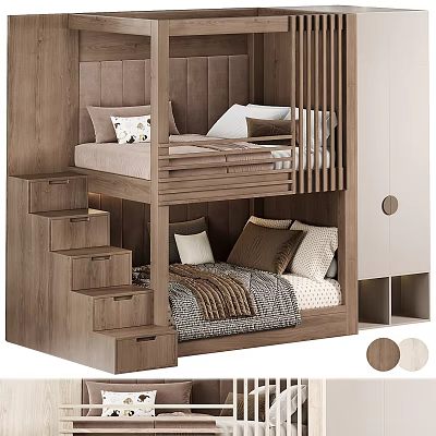 Modern Wooden Bunk Bed With Stairs Drawers Upholstered Headboard 3d model