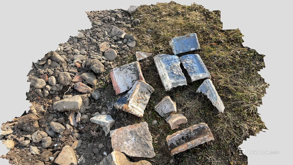 Scattered Broken Bricks And Stones On Grassy Ground With Natural Debris 3d model 