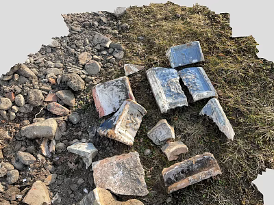 Scattered Broken Bricks And Stones On Grassy Ground With Natural Debris 3d model
