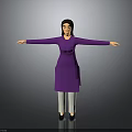 3D Rendered Woman In Purple Dress And White Pants With Arms Outstretched On Gray Background