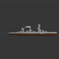 Detailed Battleship Model Floating on Blue Water Surface with Turrets and Chimney