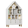 House Shaped Kids Bookshelf With Smiling Star Letter Decor And Mini House Rabbit Figurine