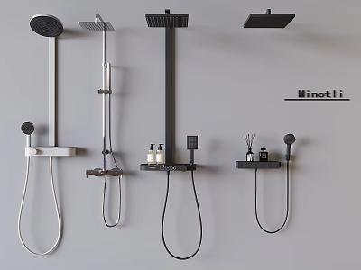 Four Different Black and White Shower Systems with Overhead Handheld Heads and Built-in Shelves 3d model