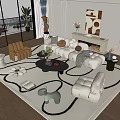 Plush Sofa and Coffee Table Modern Living Room with Geometric Rug Accent Chair and Sculptures