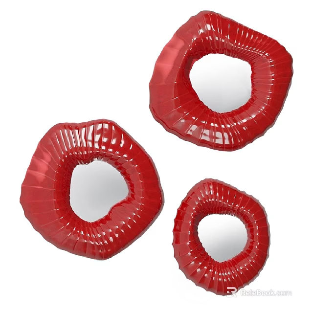 Three Red Textured Circular Decorative Wall Mirrors Modern Design 3d model 