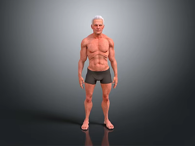 Elderly Man With Muscular Physique In Black Shorts Barefoot Standing Against Gray Background 3d model