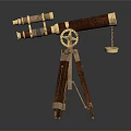 Vintage Telescope On Wooden Tripod With Wooden And Gold Metal Body And Small Golden Disc