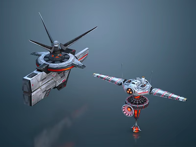Futuristic Sci-Fi Aircraft Equipment With Spiked Wings Gray Red Black Details 3d model
