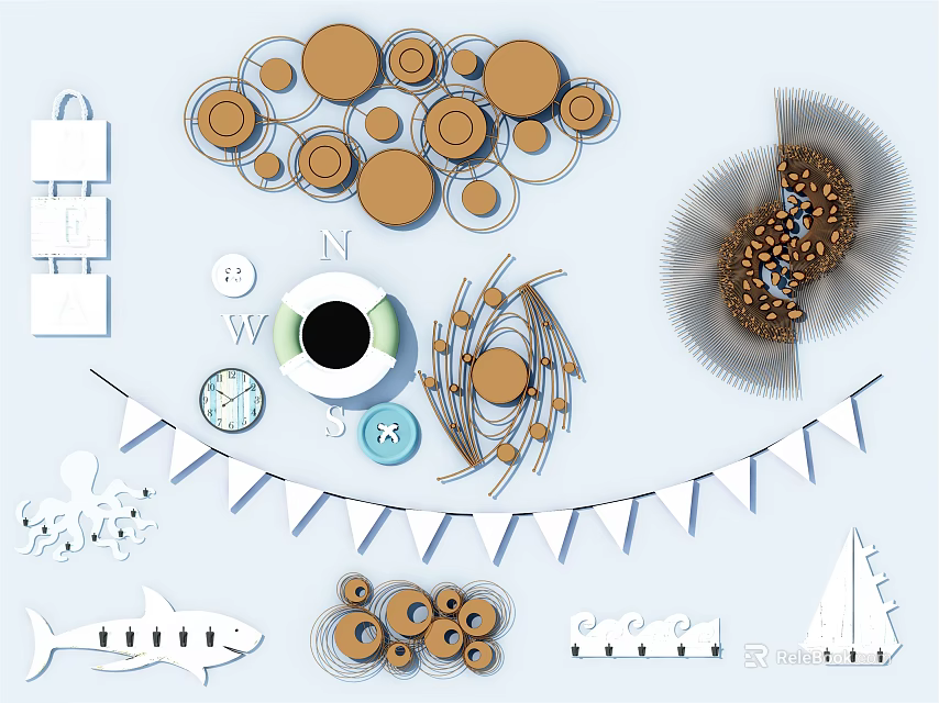 Modern Wall Decorations Featuring Circular Patterns Hanging Bunting And Geometric Art Pieces 3d model