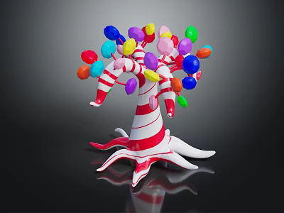 Whimsical Decorative Candy Cane Tree With Colorful Balloons On Black Background 3d model