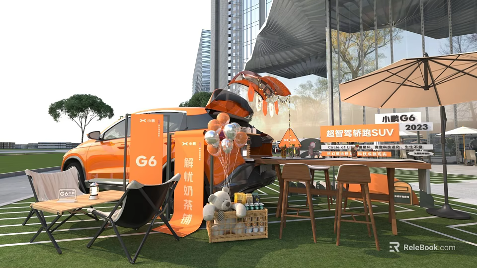 Orange G6 Vehicle Open Trunk Camping Gear Outdoor Lawn Setup With City Backdrop 3d model 