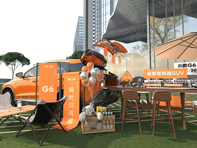 Orange G6 Vehicle Open Trunk Camping Gear Outdoor Lawn Setup With City Backdrop 3d model