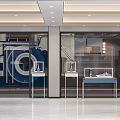 Modern Exhibition Hall With Blue Bottles Display Shelves And Earth Design Counter