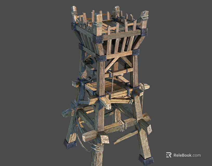 Wooden Medieval Defense Tower With Frame Structure Cross Supports And Railing 3d model 