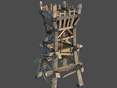 Wooden Medieval Defense Tower With Frame Structure Cross Supports And Railing 3d model