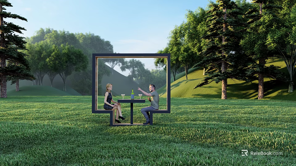 Landscape Seats with Frame Structure in Outdoor Green Grass and Trees 3d model 