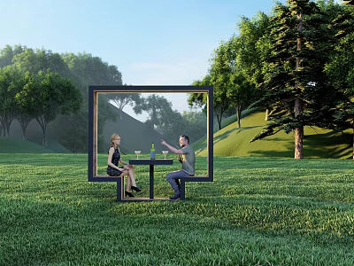 Landscape Seats with Frame Structure in Outdoor Green Grass and Trees 3d model