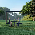 Landscape Seats with Frame Structure in Outdoor Green Grass and Trees
