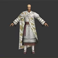 Bald Male Character in Traditional White Robe Standing Pose With Yellow Red Decorations