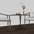 Round Negotiation Table with Two Upholstered Chairs in Minimalist Room Wooden Floor and Decorative Vase