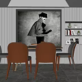 Modern Dining Table Set with Brown and Gray Chairs Decorative Painting and Bookshelf