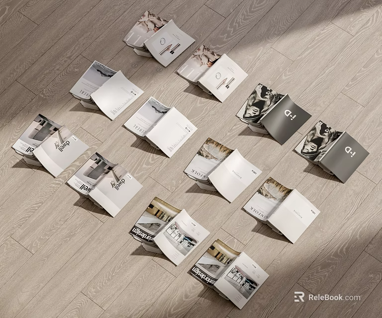 Open Books Magazines Scattered On Wooden Floor With Cover 3d model 