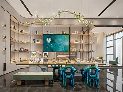 Elegant Modern Sales Office Design Featuring Display Shelves Marble Countertop And Blue Chairs 3d model