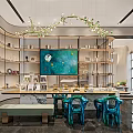 Elegant Modern Sales Office Design Featuring Display Shelves Marble Countertop And Blue Chairs