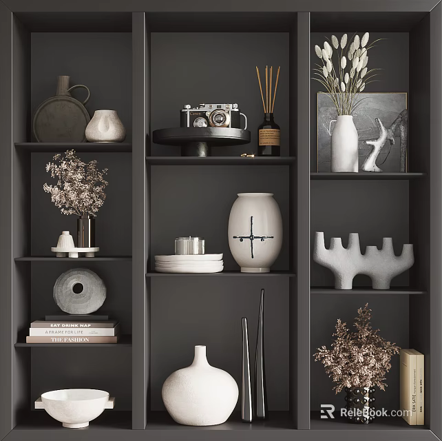 Stylish Decorative Ornament Combination On Gray Shelves With Vases Dried Flowers Camera And Sculptures 3d model 