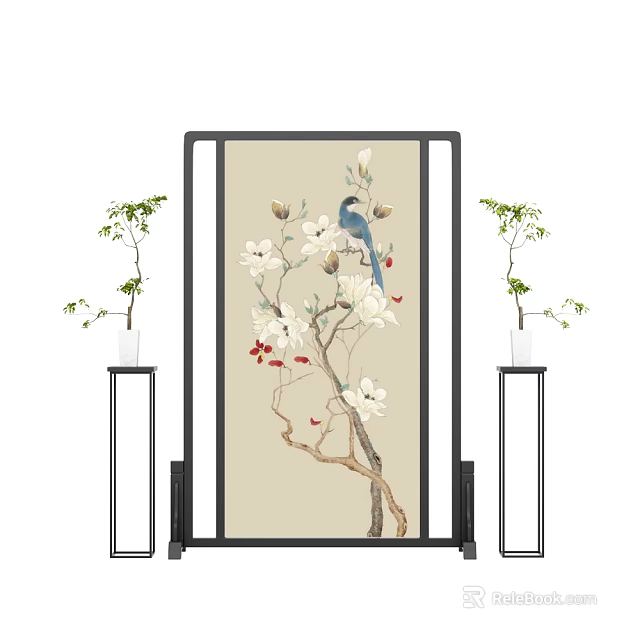 Traditional Chinese Decorative Screen With Magnolia Flowers Blue Bird And Green Plants In Tall Vases 3d model 