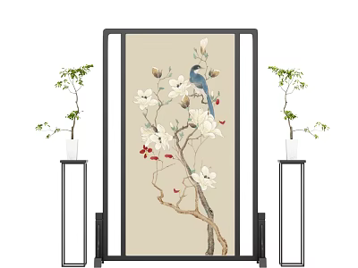 Traditional Chinese Decorative Screen With Magnolia Flowers Blue Bird And Green Plants In Tall Vases 3d model