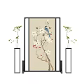 Traditional Chinese Decorative Screen With Magnolia Flowers Blue Bird And Green Plants In Tall Vases