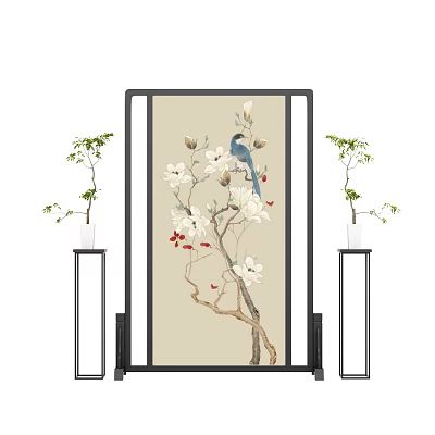 Traditional Chinese Decorative Screen With Magnolia Flowers Blue Bird And Green Plants In Tall Vases 3d model